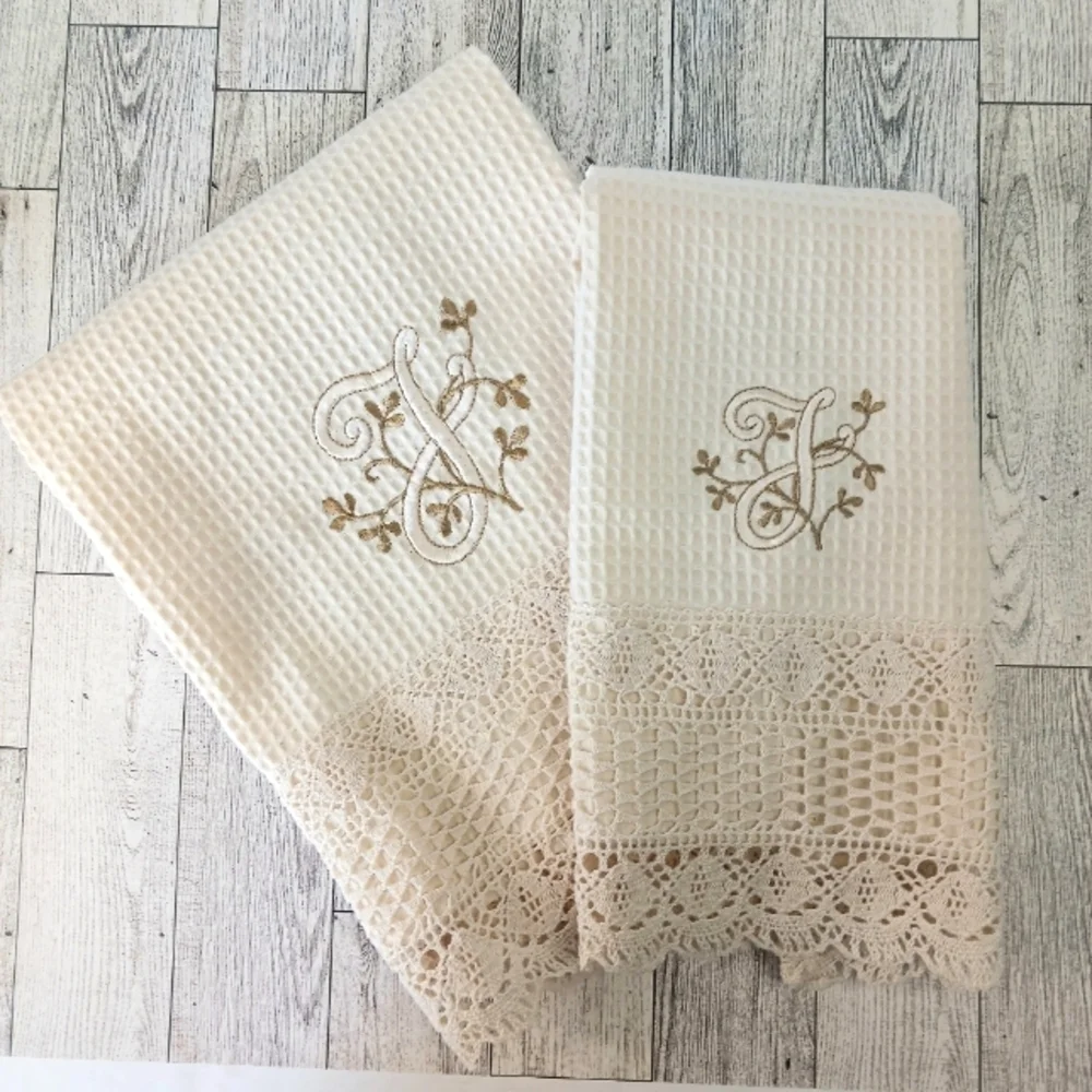 Towels Set of 2, Embroidered Letter J Crochet, Cotton, Made in Portugal